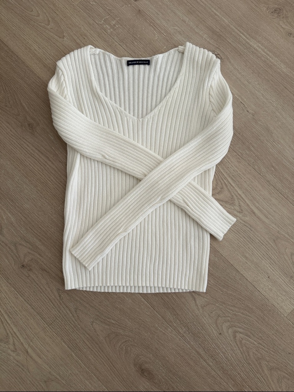 Brandy Melville Cream Ribbed V-Neck Sweater Top